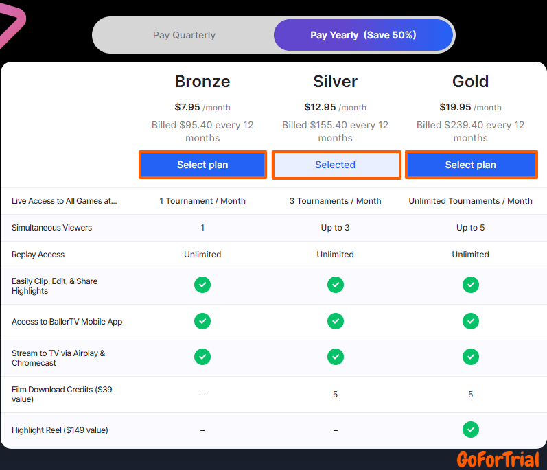 BallerTV Free Trial - Start Your Free Trial and Stream Live Sports 4 BallerTV-Pricing-Plan