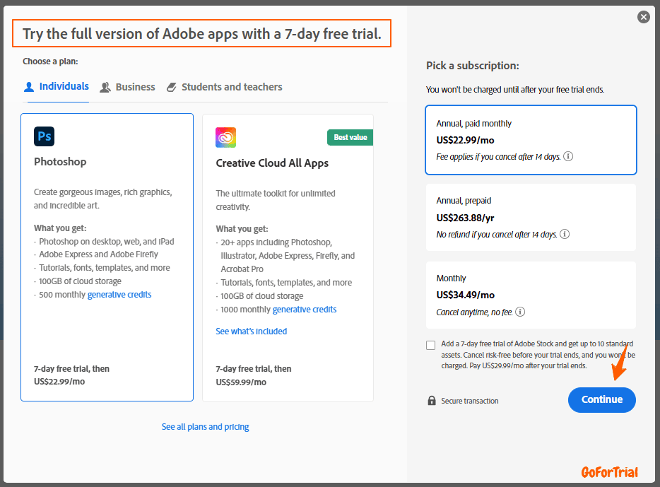 Adobe Photoshop Free Trial, Get Premium Trial Upto 21 Days 5 Photoshop-Free-Trial Select Plan Step